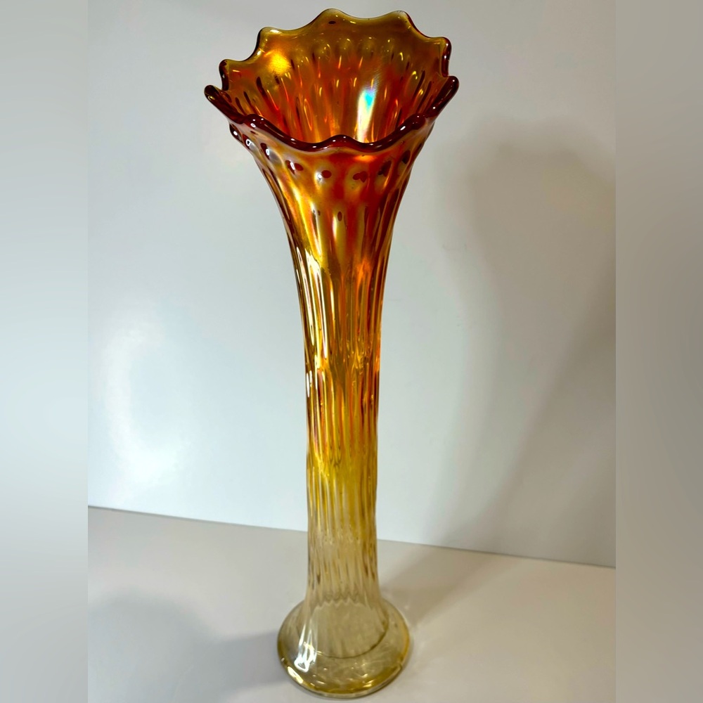 Vintage Marigold Carnival vase 17” ombré Fine Rib glass vase iridescent